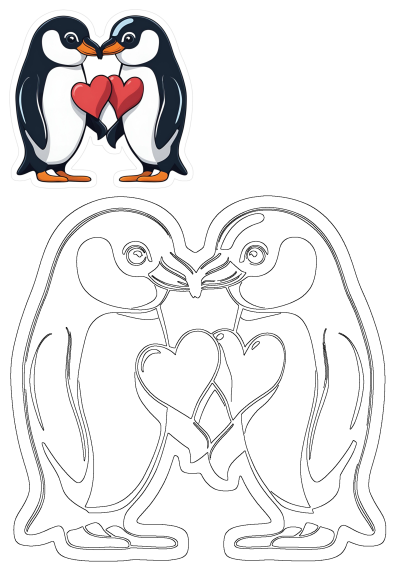 Two cartoon penguins in love, holding hearts in their beaks and paws. Perfect for Valentine's Day or expressing your love with penguins.