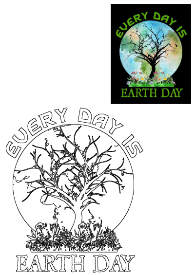 Earth Day poster featuring a tree in the center with grass around it, set against a black background. Every day is Earth Day!