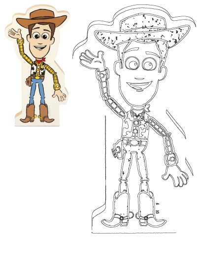 Cartoon sticker of Woody from Toy Story. Character wears a cowboy hat and boots, and is holding his hand up in a friendly greeting.