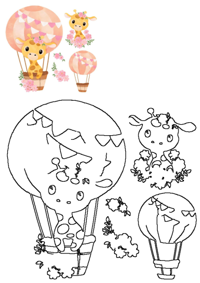 Giraffe sitting in a hot air balloon surrounded by pink flowers, creating a whimsical and adorable watercolor design for kids and nurseries.