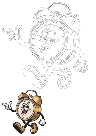Cartoon alarm clock mascot character illustration with clock hands, a hand-drawn logo design, vector clip-art perfect for creative projects.