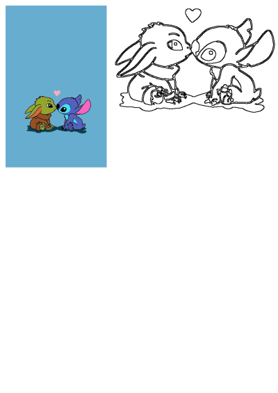 Cartoon image features two cute characters, Baby Yoda and Stitch, in a tender moment as they kiss. Set against a light blue background, creating a sweet scene.