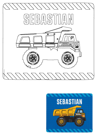 A yellow Tonka dump truck on a blue background with the name Sebastian. Playful and colorful illustration featuring a classic toy.