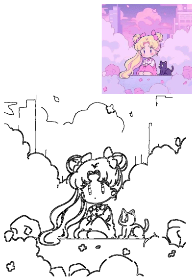 Adorable pastel image of Sailor Moon style anime girl with a black cat, set against a whimsical pink cityscape and cloud background.