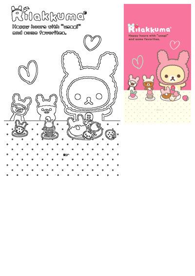 Cartoon animals including Rilakkuma having happy hours on a pink and white background with favorite treats like strawberries and donuts.