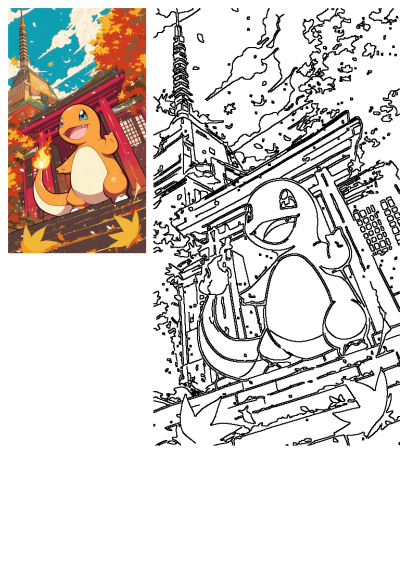 Cartoon Charmander pokemon character sitting on top of a building in Japanese style architecture with autumn leaves and flame on tail.