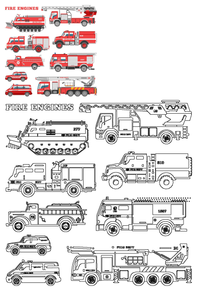 Illustration showing various fire engines & trucks with ladders. Different types of fire trucks and ladders are shown in this illustration.