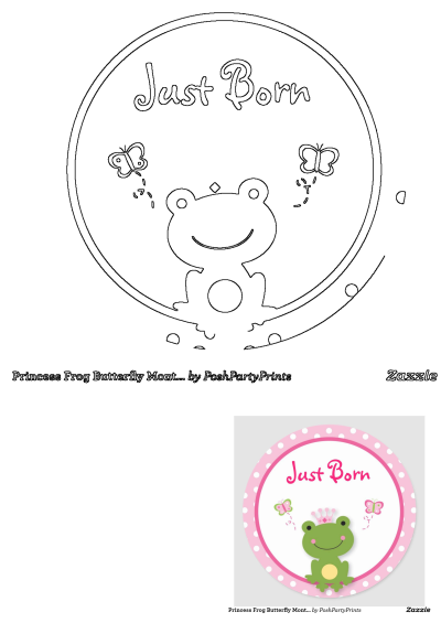 Pink and white polka dot sticker with a 'Just Born' message, featuring a cute frog princess. Perfect for baby showers or newborn celebrations.
