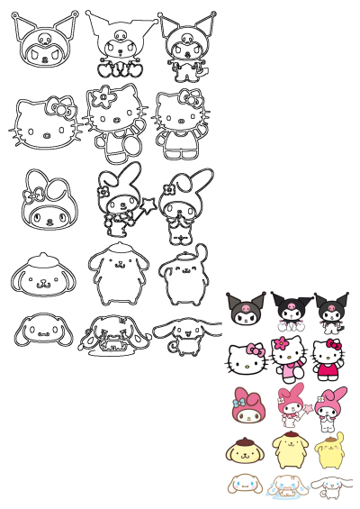 Image of a sticker sheet featuring Hello Kitty, Kuromi, My Melody, and Cinnamoroll in various colors and sizes on a white background.