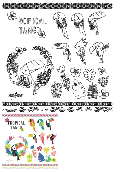 Illustration of tropical birds and flowers on a white background with the words 'Tropical Tango'. Colorful toucans and exotic blooms.