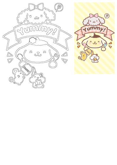 Drawing of kawaii characters eating dessert. A person with a bow on her head and the words yummy above it. Cute cartoon. 