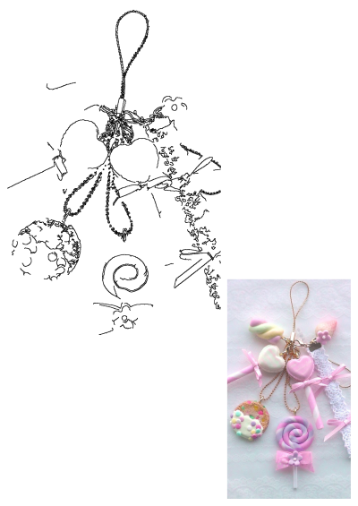 A whimsical display of candy charms and lollipops in pastel colors. Various items are on the table, adding to the charm and sweetness.