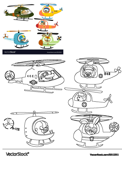 Cartoon image of four animals flying in colorful helicopters. Featuring a dog pilot and fun designs, a whimsical aviation scene for kids.