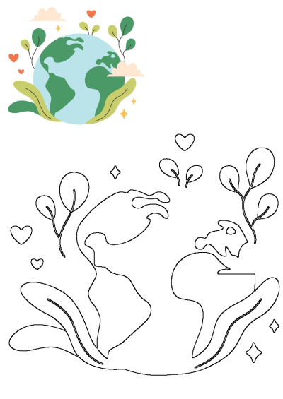 Stylized Earth illustration surrounded by trees, hearts, and clouds, symbolizing love and growth for our planet. Represents the earth is surrounded by trees and hearts.