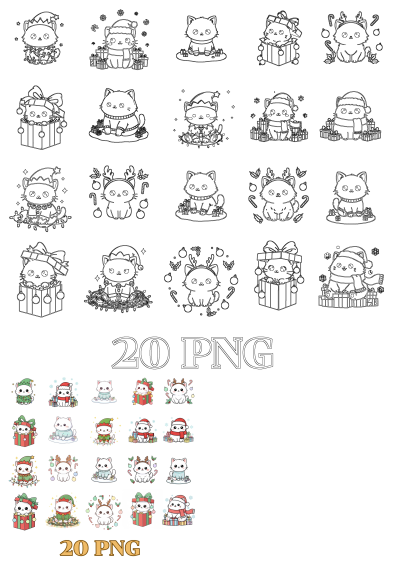 20 adorable kawaii Christmas cat clipart with various festive costumes and poses, available in both outline and colored styles.