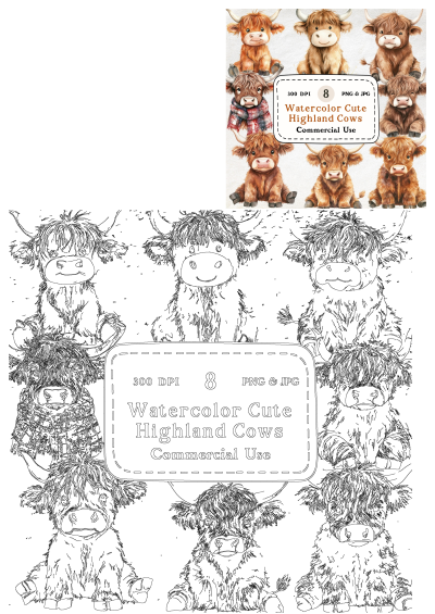 Cute Highland Cows - 8 Watercolor Clipart Set. Digital download, scrapbooking, commercial use, featuring adorable cow clipart.
