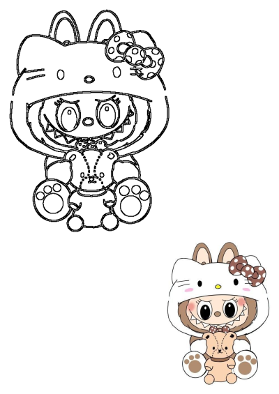 An cute cartoon of a child wearing a Hello Kitty hat and holding a teddy bear with paw prints on its white paws.