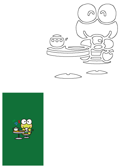 Cartoon image features Keroppi at a table, enjoying food and tea. The alt description accurately reflects the scene.