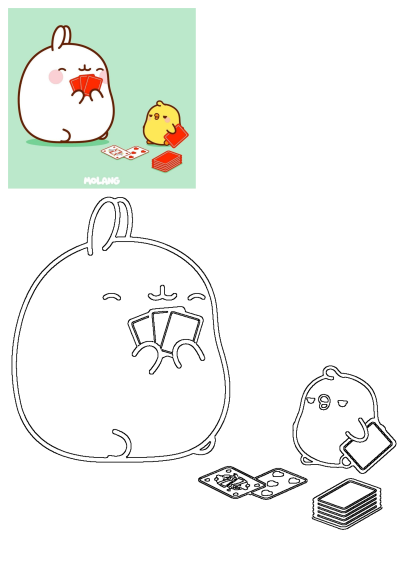 An image of Molang and Piupiu playing cards, a fun cartoon game. See the adorable characters in a lighthearted card game scene.