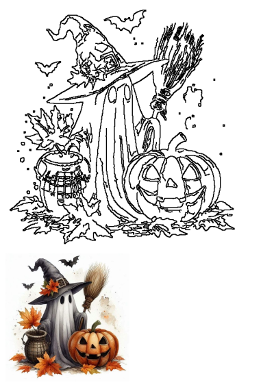 Watercolor Halloween image of a ghost dressed as a witch with a hat, broom, bats, a pumpkin, cauldron and fall leaves for Halloween. 