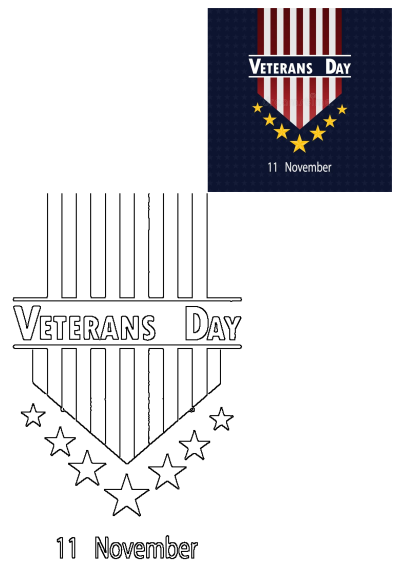 Veterans Day 11 November patriotic shield design with red, white, blue colors, stars, and stripes. Includes a black and white outline.