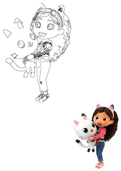 Cartoon girl from Gabby's Dollhouse, holding a white cat toy over her shoulder and smiling at the camera, animated series character