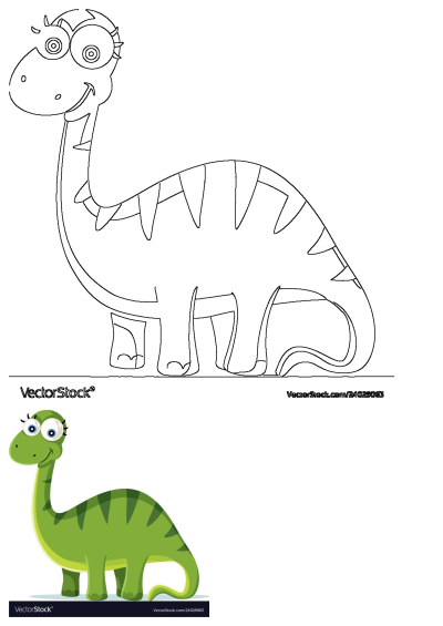 Cartoon green dinosaur with big eyes. Friendly illustration of a cute green sauropod dinosaur with dark green stripes and large, expressive eyes.