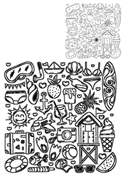 A black and white line drawing of various things in the shape of a square frame: summer vacation doodles include beach, sun, and travel elements.