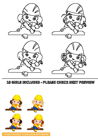 Cute Construction Girls Clipart Vector. Diverse girls wearing hard hats hammering nails. Construction clipart for girl-themed projects.