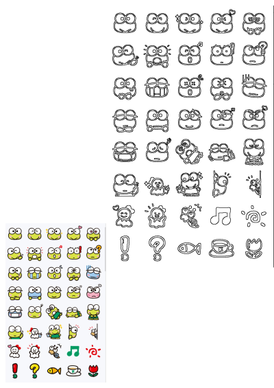 The image shows the simpsons character stickers in all different colors. This sticker sheet includes a variety of keropi expressions and poses.