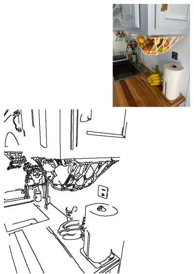 Graphic arts space featuring a macrame fruit hammock filled with fruit in a kitchen setting. Provides a creative and functional design.