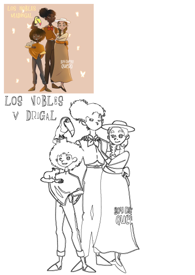 Illustration of three people standing together. One holds a bird on their shoulder. "Los Nobles Madrigal" and "Soy Diego Quero" is also written.