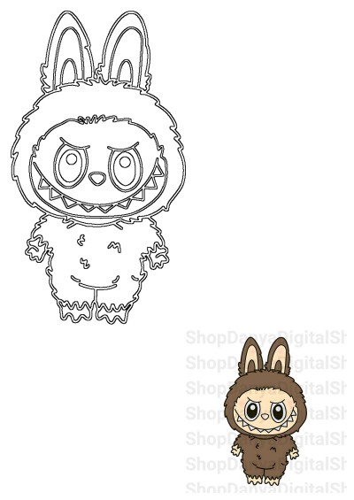 Cartoon bunny with big eyes and an ugly expression. The bunny stands and is fuzzy with long ears, and is smiling with teeth.