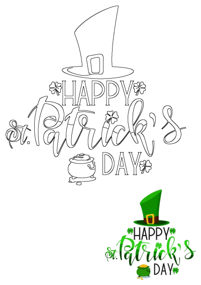 Happy St Patrick's Day greeting card with leprechaun hat, shamrocks, and a pot of gold. Festive St. Paddy's Day design.