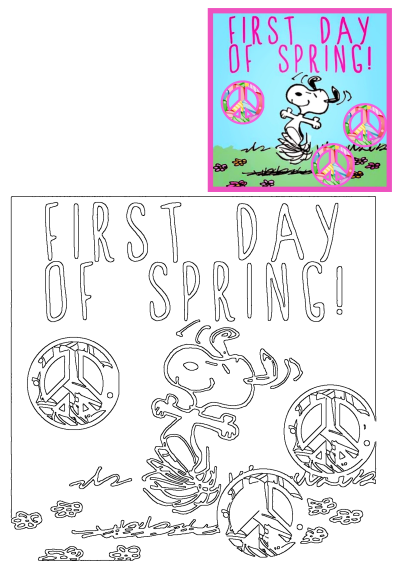 Celebrate the First Day of Spring with Snoopy! Image shows Snoopy dancing in a field of flowers with peace signs. 