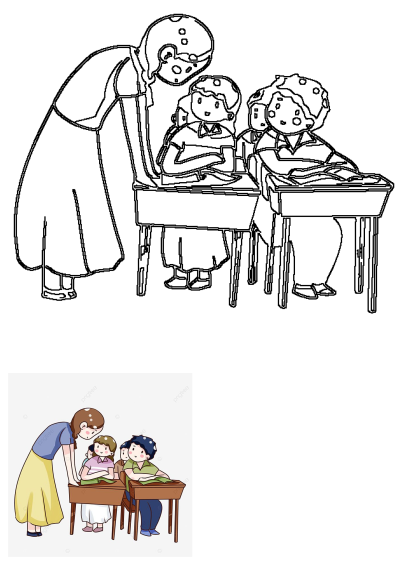 a woman standing over two children sitting at desks with their hands on the table