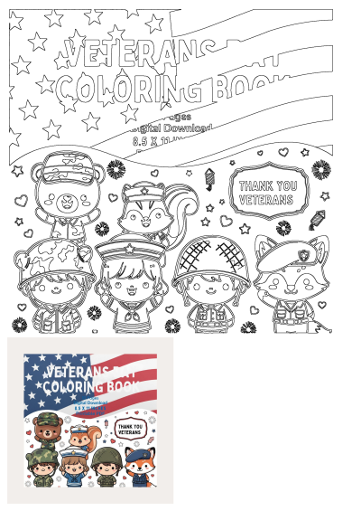 Veterans Day thank you military coloring page featuring cute animal and kid characters in uniform, ready for digital download.