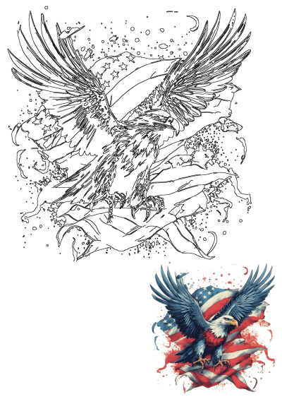 Majestic eagle with American flag backdrop, wings spread wide. Patriotic image symbolizing freedom and strength. Eagle with the american flag on it's back.