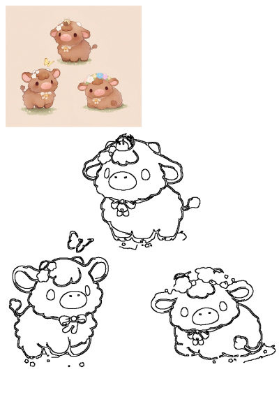 Adorable cartoon of three baby cows wearing flower crowns. One has a bee on its head and another has a butterfly flying near it.