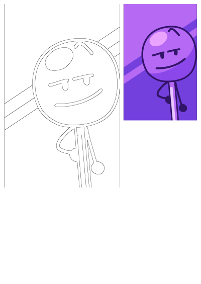 An illustration of a confident purple lollipop character, featuring a smug expression and posed on a solid purple background.