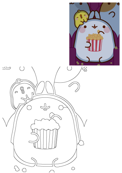 A cartoon rabbit and a lemon are enjoying popcorn at the movie theater. The cute scene is colorful and fun. 