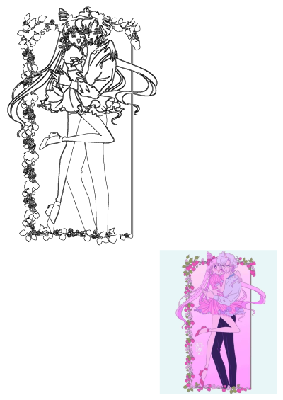 Anime characters hugging in front of a frame with flowers and vines. A sweet and romantic illustration in pink and lavender tones.