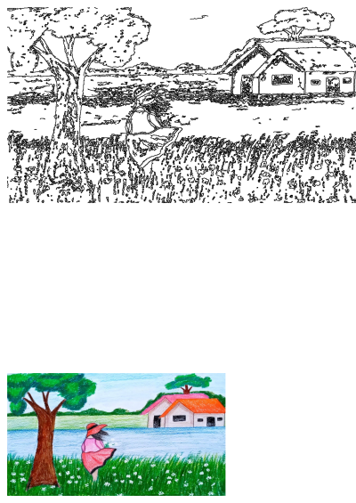 Child's drawing of a girl in a red hat and pink dress standing in a field of flowers near a house and trees in a pretty landscape.