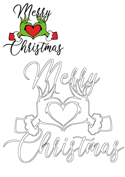 Grinch-inspired hands forming a red heart with 'Merry Christmas' script, presented as both a vibrant color design and a clean outline.