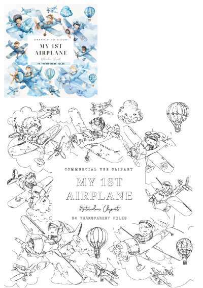 Watercolor airplane clipart set for commercial use featuring cute blue planes, pilots, balloons, and clouds. Perfect for kids' projects.