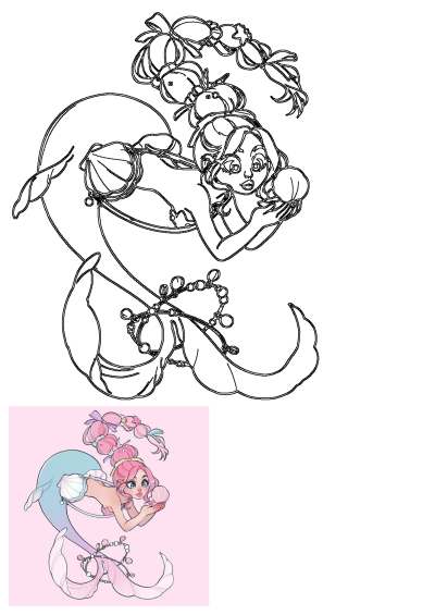 A drawing of a beautiful mermaid with pink hair and a flowing blue and pink tail holding a seashell. Fantasy art illustration. 