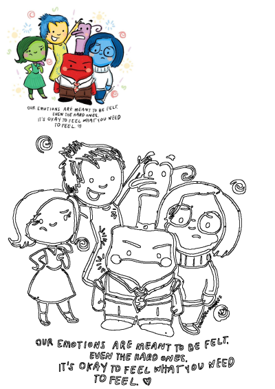 Cartoon characters stand together. Image with alt description: 'Our emotions are meant to be felt'. A reminder it's okay to feel.