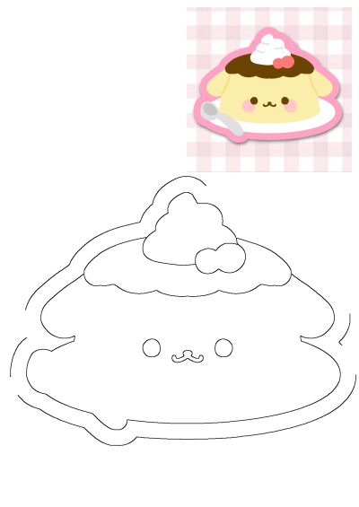 Adorable Pompompurin pudding dessert with whipped cream & bow on pink and white checkered tablecloth. Cartoon character on it's face.
