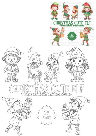 Christmas Cute Elf digital clipart bundle, including colorful and outline PNG illustrations of festive elves for holiday crafts.