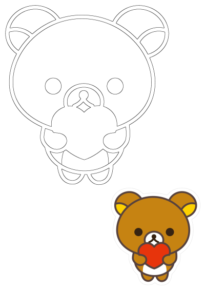 Adorable cartoon illustration of Rilakkuma, the brown bear, tenderly holding a bright red heart, expressing love and affection.